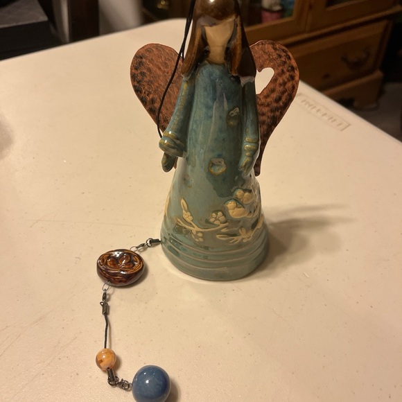 Blue angel bell garden wind chime /porcelain dress/white birds and copper wings - Picture 2 of 9